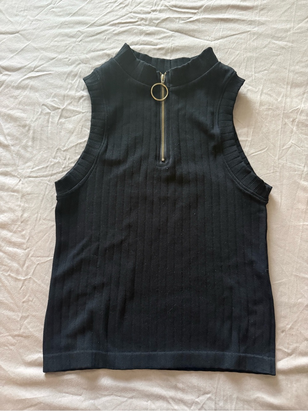 Cotton Candy Black Ribbed Mock Neck Tank with Gold Zip Ring